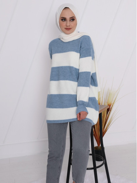 Half Neck Striped Thessaloniki Knitted Sweater -Blue