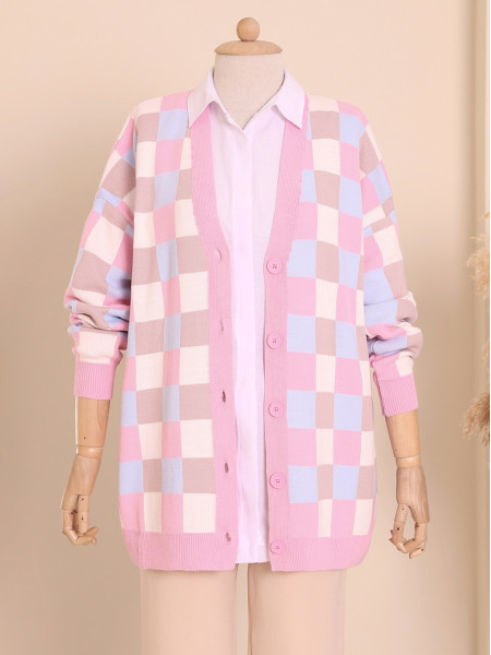 Buttoned Double Layer Knitwear Cardigan -Pink