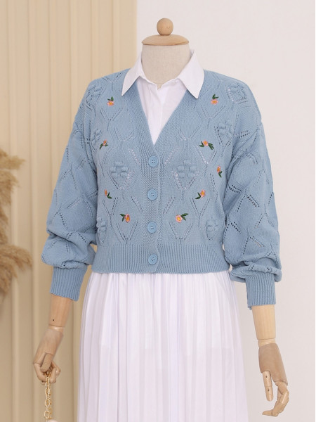 Floral Embroidery Openwork Knitwear Cardigan -Blue