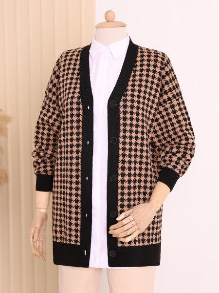 Crowbar Patterned Buttoned Double Layer Cardigan -Mink color