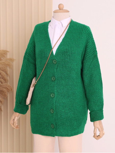 Knitting Pattern Thick Buttoned Cardigan -Green