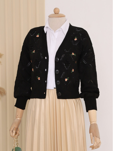 Floral Embroidery Openwork Knitwear Cardigan -Black
