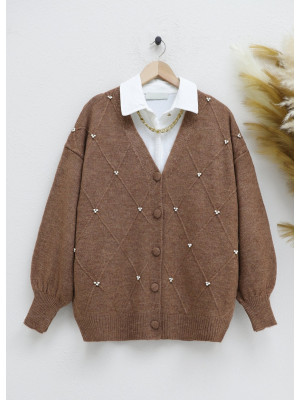 Pearl Detailed Buttoned Soft Knitwear Cardigan  -Brown