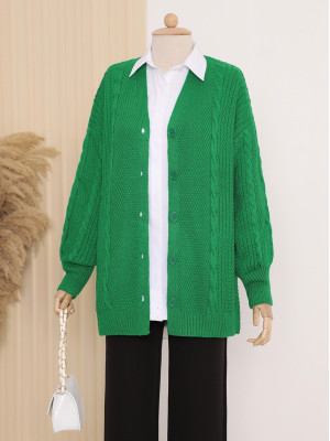 Button Down Knit Patterned Cardigan -Green