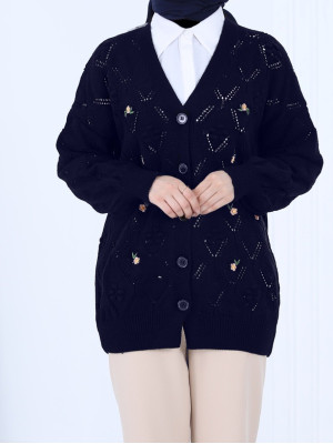 Pompom Floral Embroidered Buttoned Cardigan  -Navy blue