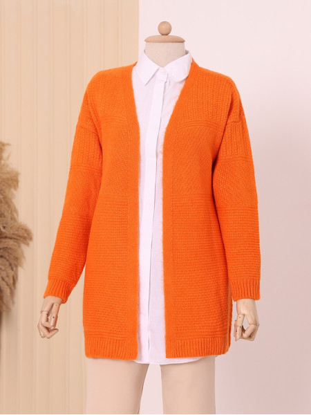 Mid-length Knitted Patterned Knitwear Cardigan -Orange