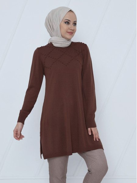 Crew Neck Front Pompom Knitwear Tunic    -Brown