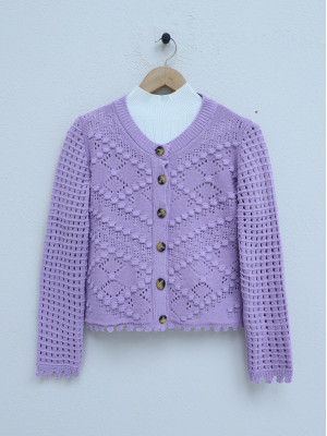 Openwork Embossed Bone Buttoned Knitted Cardigan -Lilac