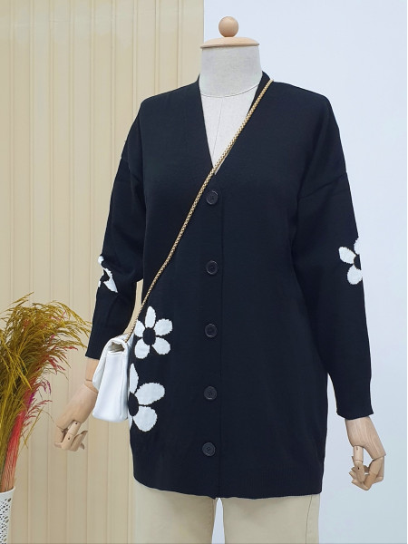 Daisy Patterned Buttoned Cardigan -Black