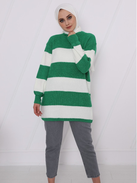 Half Neck Striped Thessaloniki Knitted Sweater -Green