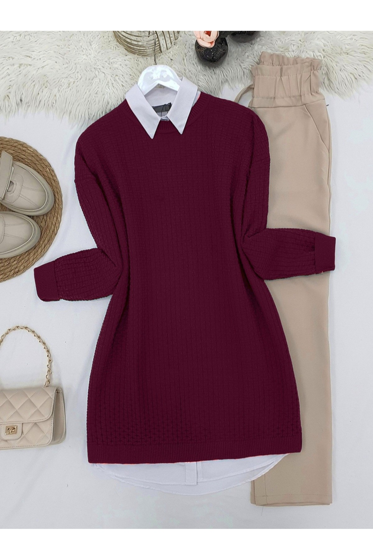 Bisiklet Yaka Örgü Desenli Triko Tunik    -Bordo