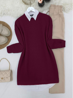 Crew Neck Knitted Patterned Knitwear Tunic    -Maroon