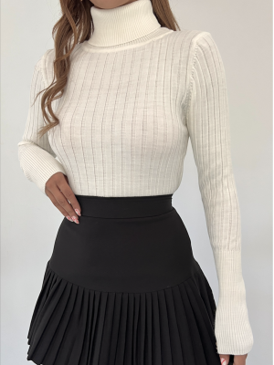 Turtleneck Corduroy Knitwear Sweater   -Cream color