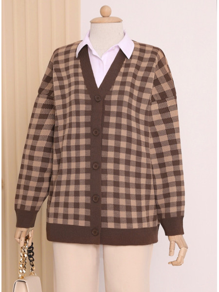Square Patterned Buttoned Double Layer Cardigan  -Brown