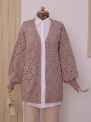 Openwork Floral Embroidered Buttoned Knitwear Cardigan   -Powder