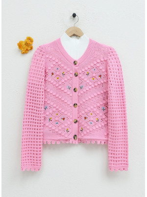Floral Embroidered Pompom Openwork Knitted Cardigan -Pink