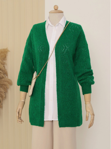 Sleeve and Front Openwork Fluffy Cardigan -Green