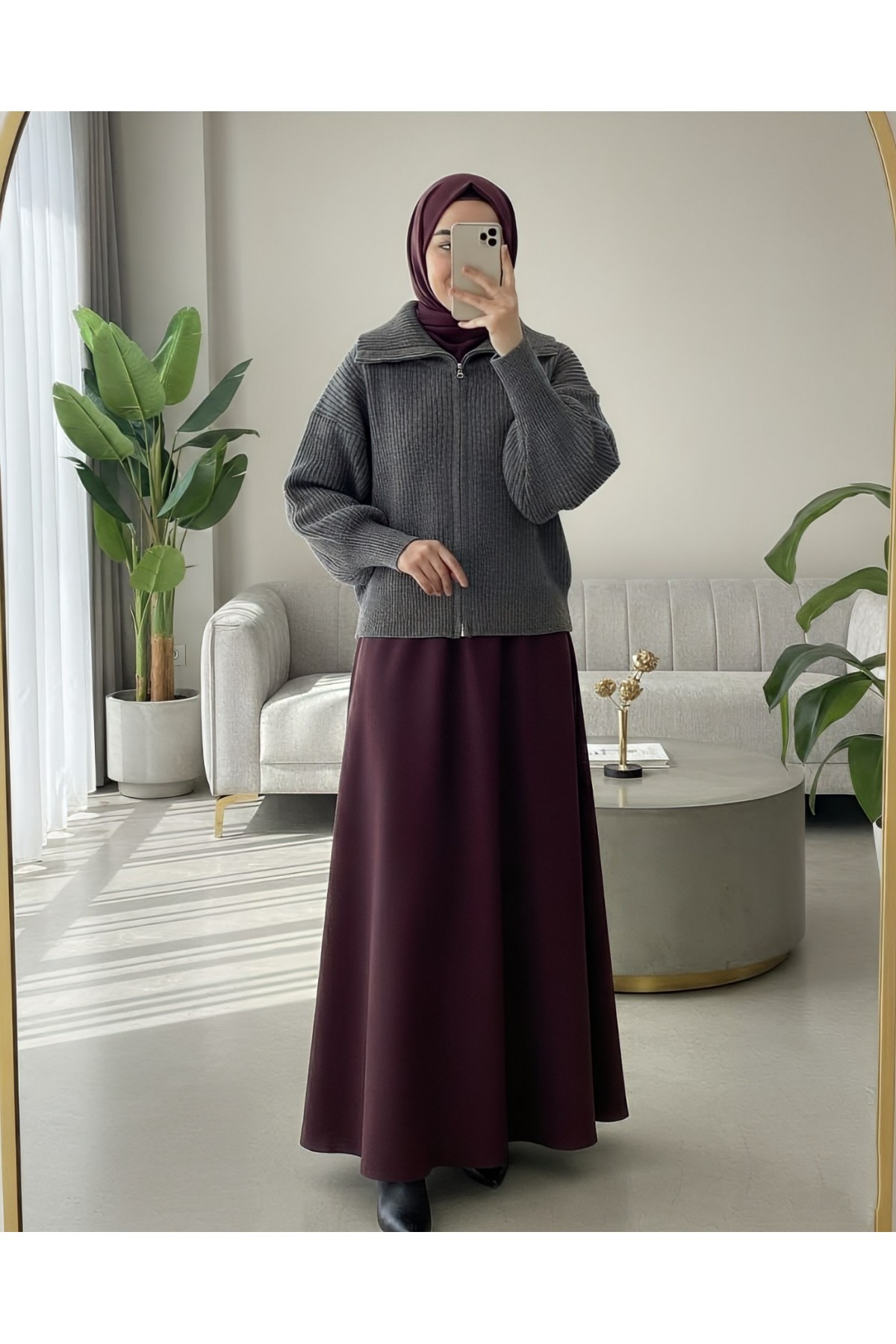Yarım Boğazlı Fermuarlı Triko Hırka -Füme