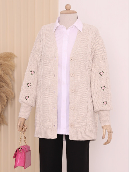Sleeve Embroidered Knitting Pattern Cardigan -Stone