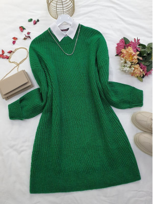 Crew Neck Diamond Pattern Knitwear Sweater  -Green