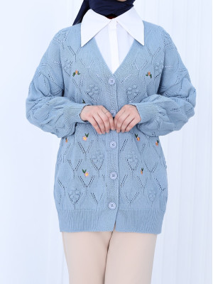 Pompom Floral Embroidered Buttoned Cardigan -Blue