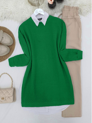 Crew Neck Knitted Patterned Knitwear Tunic    -Green
