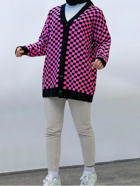 Checkered Pattern Big Button Knitwear Cardigan  -Fuchsia