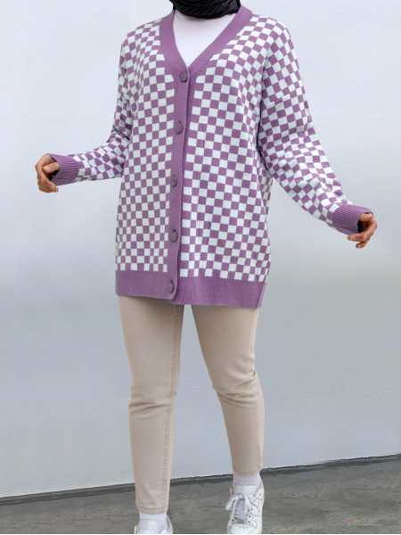 Checkered Pattern Big Button Knitwear Cardigan -Lilac