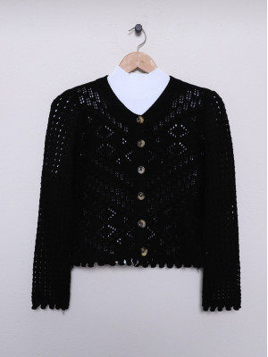 Openwork Embossed Bone Buttoned Knitted Cardigan -Black