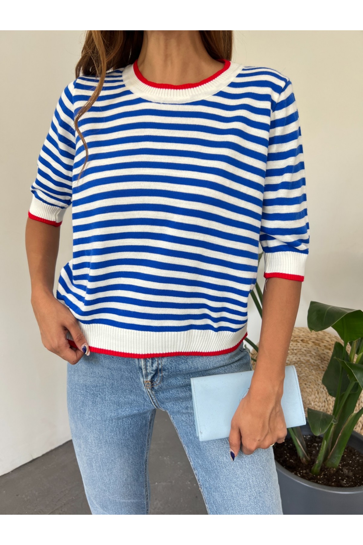 Round Neck Poor Sleeve Slim Knitwear Blouse -Dark blue