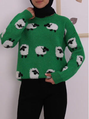 Animal Figured Jacquard Knitwear Sweater -Green