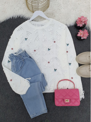 Laced Sleeves Pompom Embroidered Sweater -White
