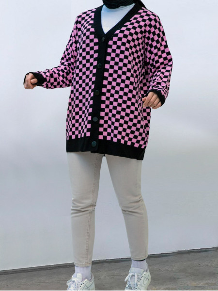Checkered Pattern Big Button Knitwear Cardigan -Black