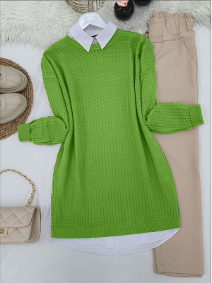 Crew Neck Knitted Patterned Knitwear Tunic   -LIGHT GREEN