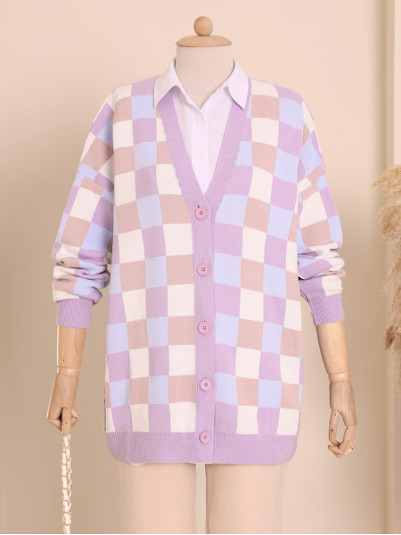 Buttoned Double Layer Knitwear Cardigan -Lilac