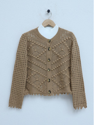 Openwork Embossed Bone Buttoned Knitted Cardigan -Mink color