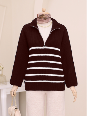 Half Zipper Side Striped Knitwear Sweater   -Maroon