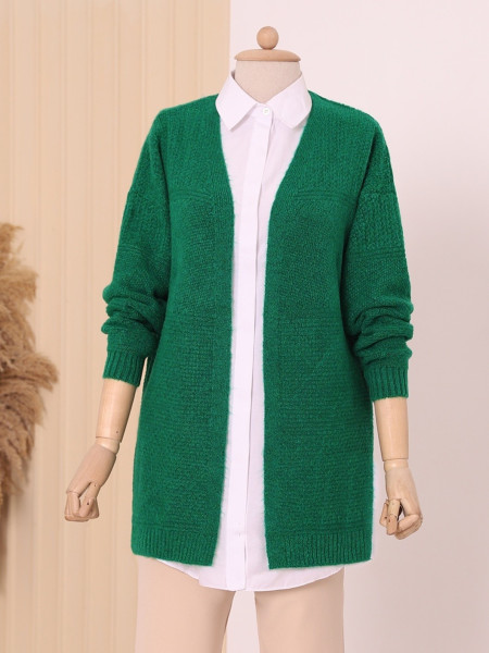 Mid-length Knitted Patterned Knitwear Cardigan -Green