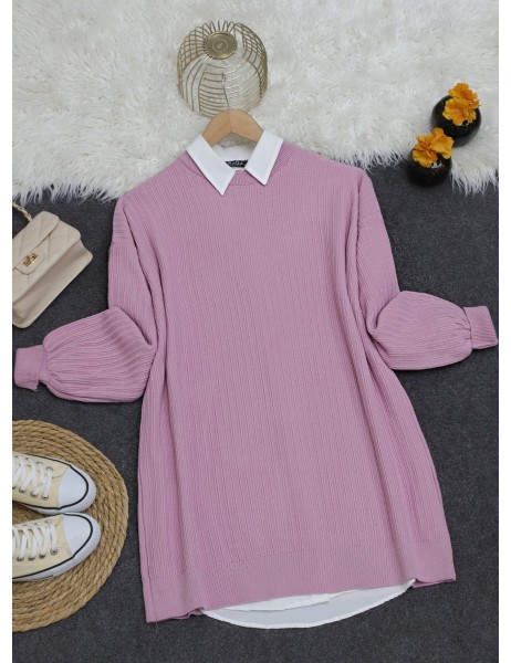 Ribbed Crew Neck Knitwear Tunic -Pink