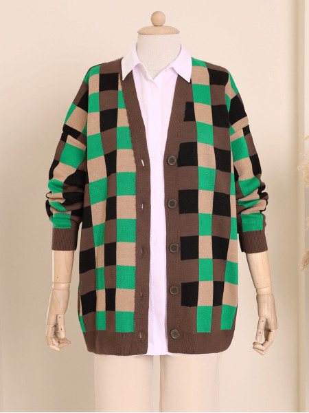 Buttoned Double Layer Knitwear Cardigan -Brown