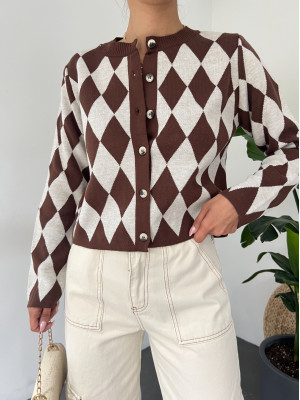 Crew Neck Buttoned Checkered Cardigan -Brown