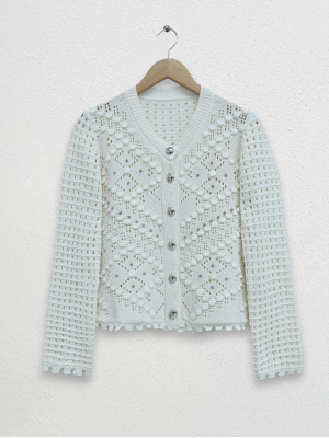 Stone Embroidered Openwork Short Knitted Cardigan -Ecru
