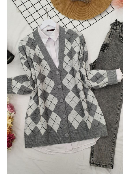 Plaid Pattern Striped Buttoned Pocketless Short Knitwear Cardigan -Grey
