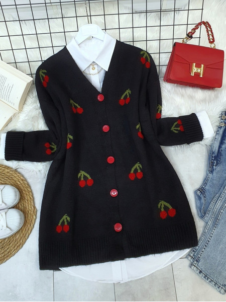 Buttoned Cherry Embroidered Mid-Length Soft Cardigan -Black