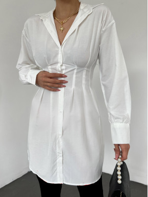Waist Pleated Button Down Shirt Tunic -White