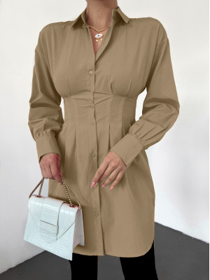 Waist Pleated Button Down Shirt Tunic -Mink color