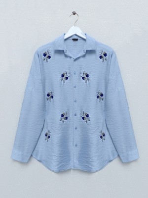 Stoned Leaf Embroidered Button Shirt -Baby Blue