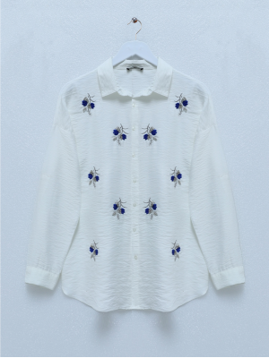Stoned Leaf Embroidered Button Shirt -Ecru