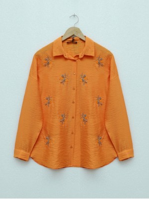 Stoned Leaf Embroidered Button Shirt  -Orange