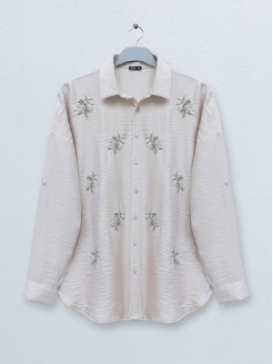 Stoned Leaf Embroidered Button Shirt - Beige